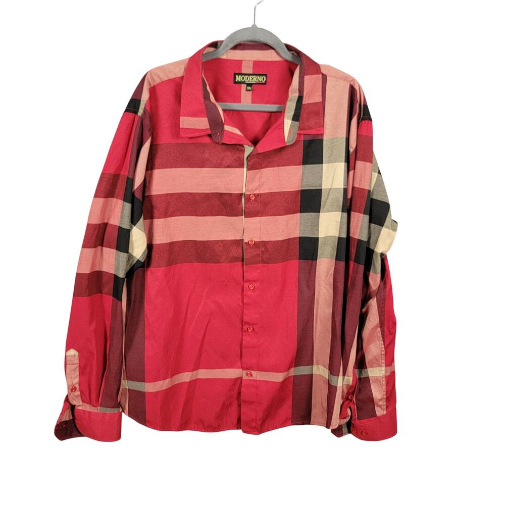 Moderno Premium Wear Mens Plaid Check Button Down Shirt Red 3XL Preowned